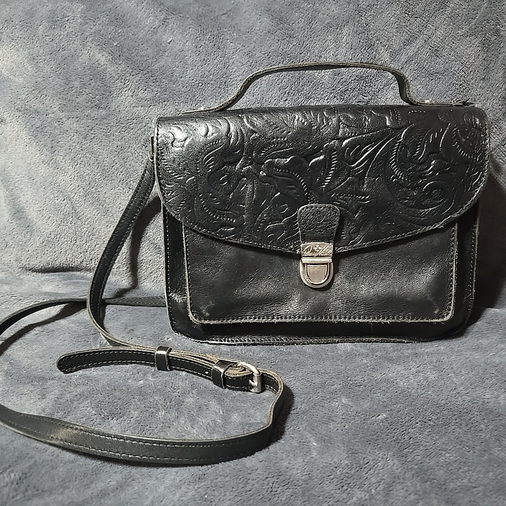 Patricia Nash Black Western Floral Leather Tooled Purse Y2K Crossbody Bag